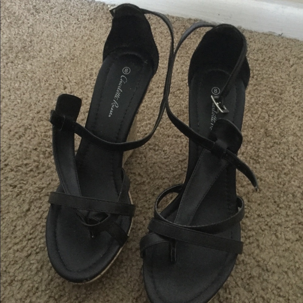 Black leather open toe wedges